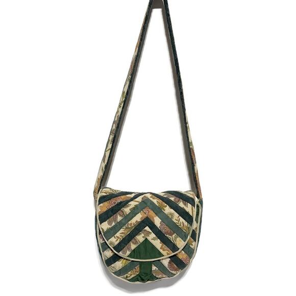Tapestry Patchwork Crossbody Purse An Original by Rhonda Hand Sewn Green & Beige - Picture 1 of 10
